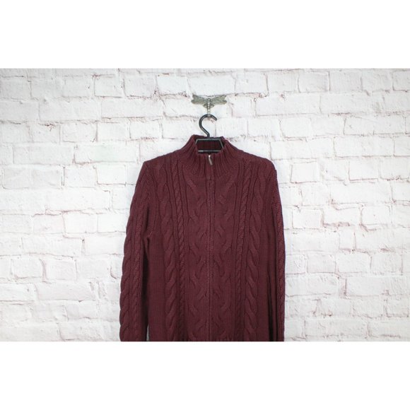 LL Bean Red Cotton Double L Cable Zip Cardigan Sweater Size S - Picture 3 of 10